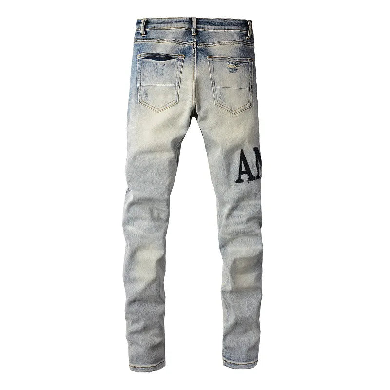 New Fashion Purple Jeans Man with Distressed Hole Patches Fashion Repair Low Rise Skinny Denim Pants 28-40 Size