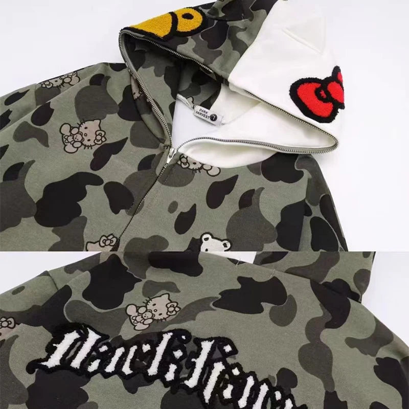 Hello Kitty Long Sleeve Sweate Cartoon Jacket Hoodie Zipper Coat Sanrio Anime Hooded Tops Fashion Trend Camouflage Jacket