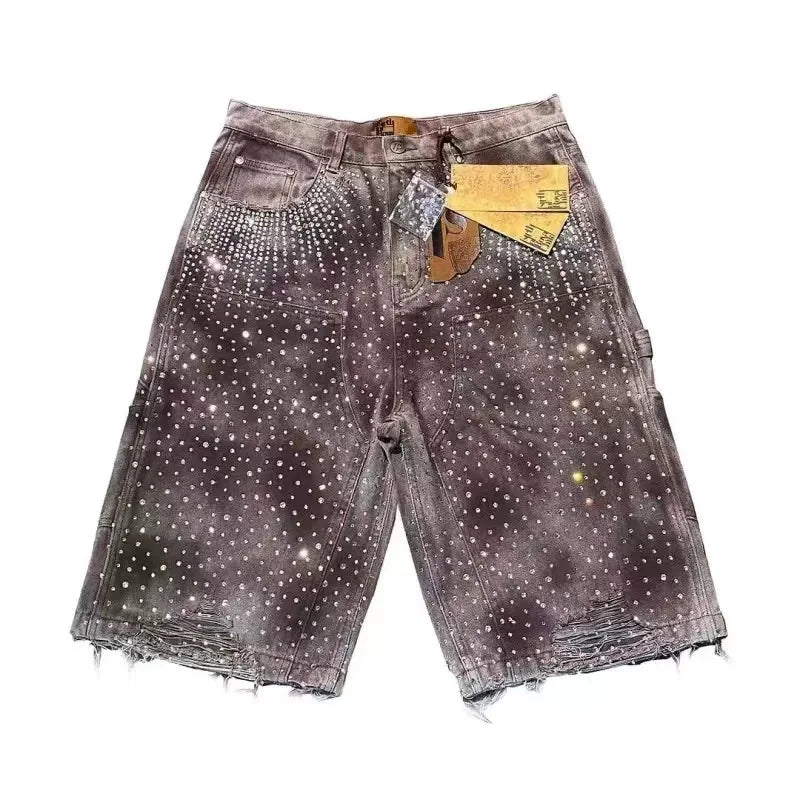 Retro Gothic fashion letter rhinestone oversized jeans men's Y2K clothing loose casual versatile shorts low waist couple style
