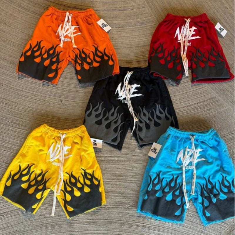 Ins Net Red Shorts Men Women Foam Flame Print American Retro Street Style Five Pants Y2k Cotton Solid Color Loose Couple Pants