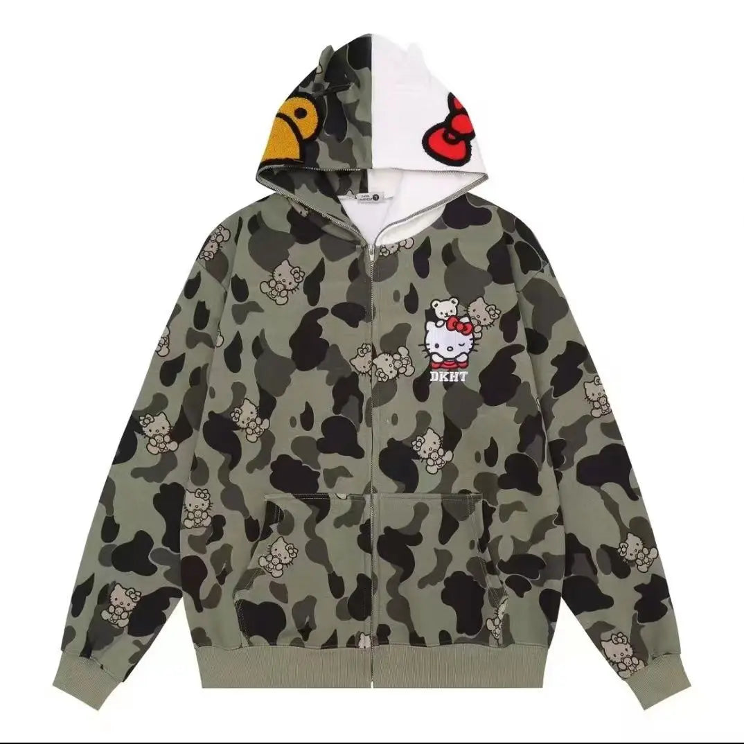 Hello Kitty Long Sleeve Sweate Cartoon Jacket Hoodie Zipper Coat Sanrio Anime Hooded Tops Fashion Trend Camouflage Jacket