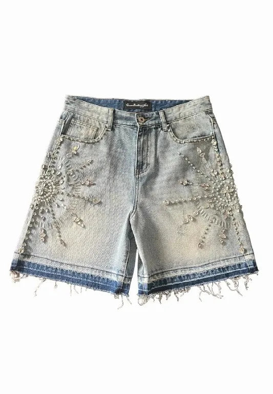 Shorts Y2K Jeans Womens Harajuku Hip Hop Gothic Rhinestone Sequin Retro Blue Baggy Denim Shorts High Waist Fashion Casual Shorts