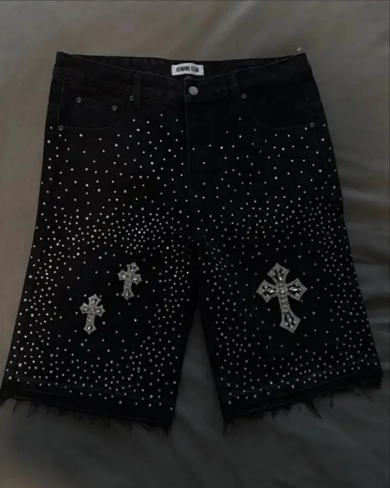 Retro Gothic fashion letter rhinestone oversized jeans men's Y2K clothing loose casual versatile shorts low waist couple style