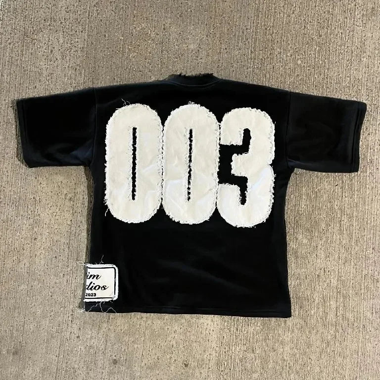 Streetwear Black T Shirt Men Women Harajuku Hip Hop Number 003 Graphic Patch Oversized T Shirt Goth Cotton Short Sleeve Y2K Tops