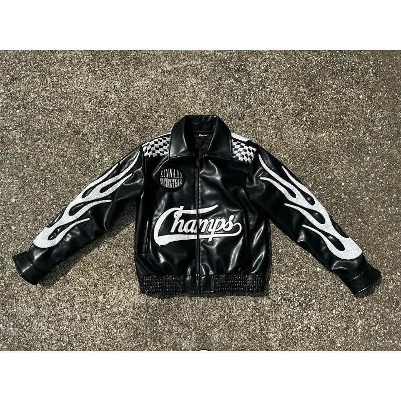 Y2K New PU Leather Jacket High Street Retro Flocking Embroidery Jacket Men Hip Hop Gothic Harajuku Punk Loose High-Quality Coat