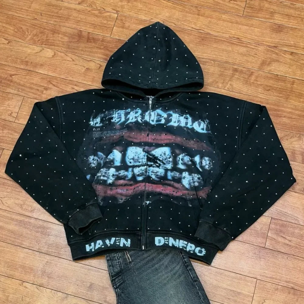 Streetwear Zip Up Hoodie Jacket Men Women Harajuku Hip Hop Lips Graphic Print Black Oversized Sweatshirt Goth Rhinestone Clothes