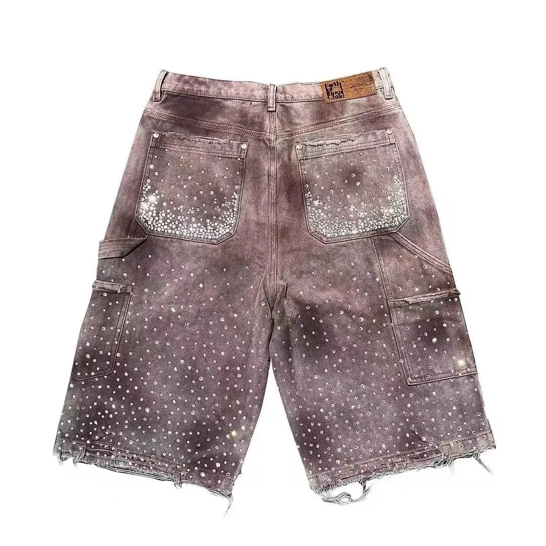 Retro Gothic fashion letter rhinestone oversized jeans men's Y2K clothing loose casual versatile shorts low waist couple style