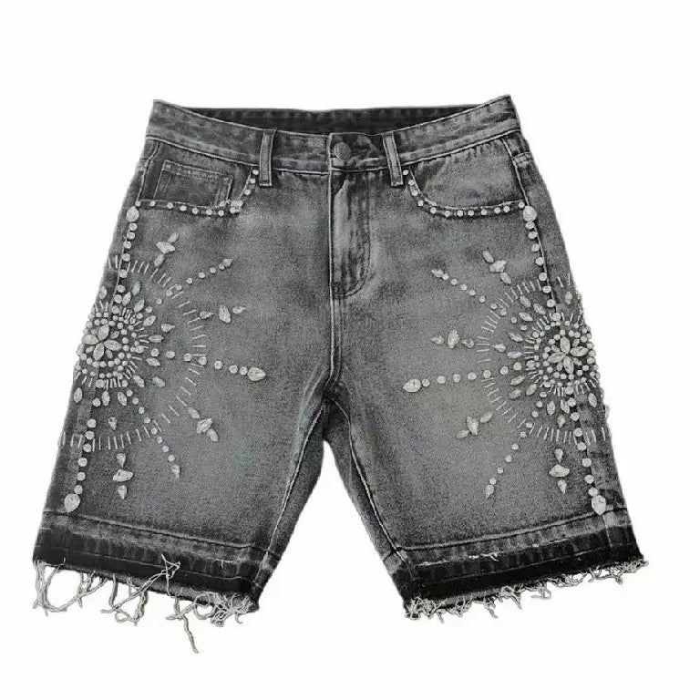 Shorts Y2K Jeans Womens Harajuku Hip Hop Gothic Rhinestone Sequin Retro Blue Baggy Denim Shorts High Waist Fashion Casual Shorts