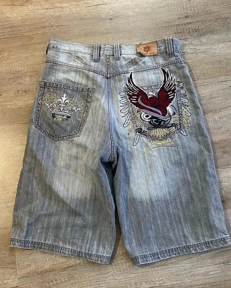 2000s Bottega Desires Pieces Skateboard Denim Shorts Letter Cartoon Patchwork Loose Jeans Wide Leg Pants Harajuku Rock Pants Men