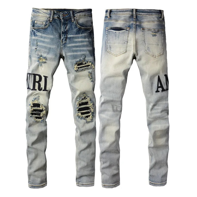 New Fashion Purple Jeans Man with Distressed Hole Patches Fashion Repair Low Rise Skinny Denim Pants 28-40 Size