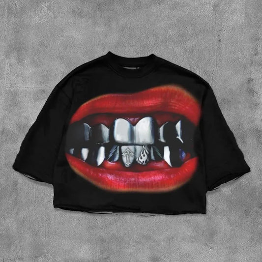 Streetwear T Shirt Y2K Hip Hop Teeth Graphic Print Black Oversized TShirt Mens Womens Harajuku Gothic Cotton Short Sleeve Tops