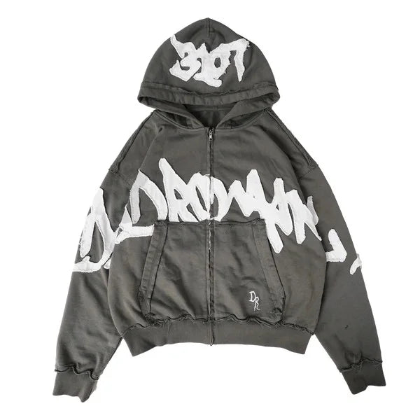 Y2K Harajuku Fashion New Letter Patch Zipper Hoodie Men Street Vintage Punk Hip Hop Popular Casual Joker Sports Hooded Sweater