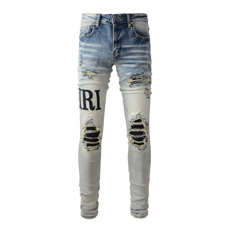 New Fashion Purple Jeans Man with Distressed Hole Patches Fashion Repair Low Rise Skinny Denim Pants 28-40 Size