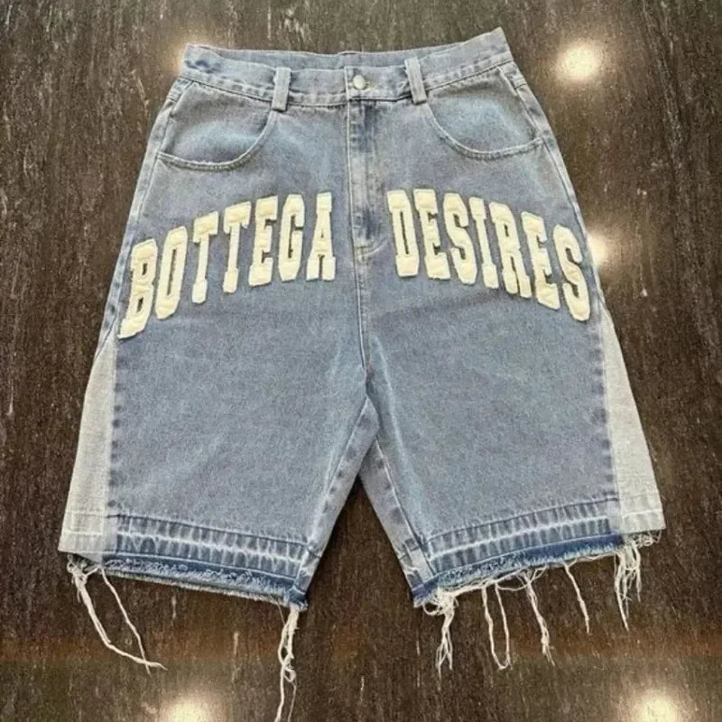 2000s Bottega Desires Pieces Skateboard Denim Shorts Letter Cartoon Patchwork Loose Jeans Wide Leg Pants Harajuku Rock Pants Men