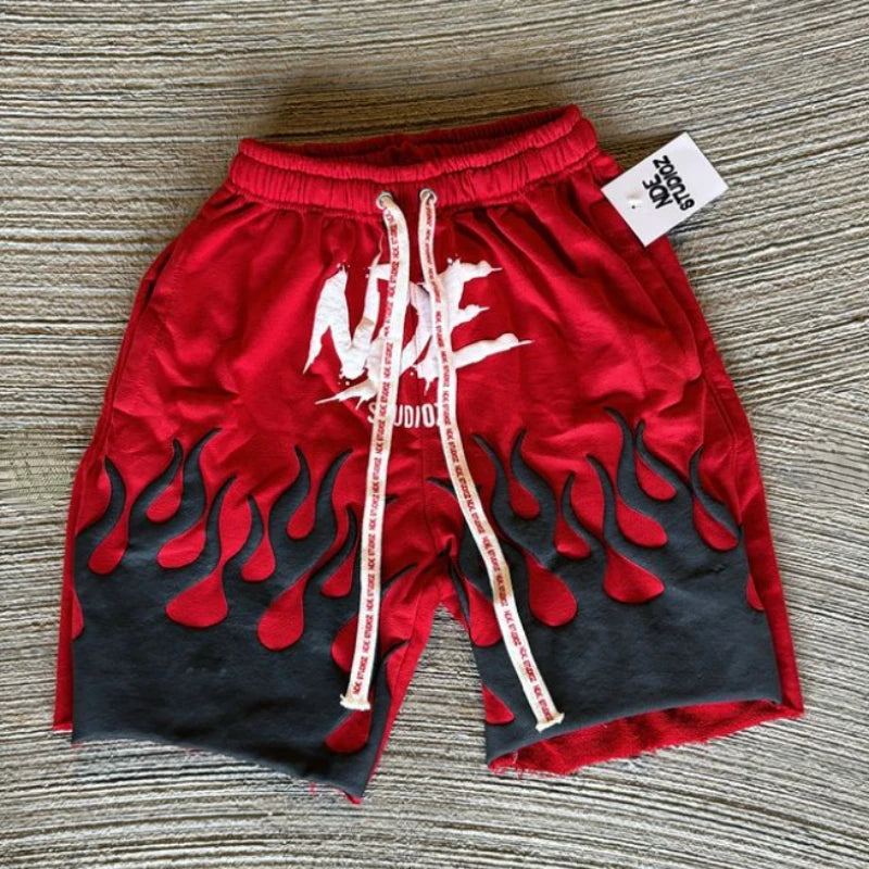 Ins Net Red Shorts Men Women Foam Flame Print American Retro Street Style Five Pants Y2k Cotton Solid Color Loose Couple Pants