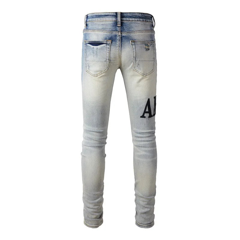 New Fashion Purple Jeans Man with Distressed Hole Patches Fashion Repair Low Rise Skinny Denim Pants 28-40 Size