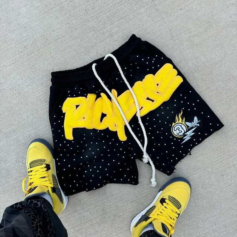 Fashion new rhinestone letter printed cotton sweatpants Y2K Harajuku  shorts hip hop basketball streetwear loose casual shorts