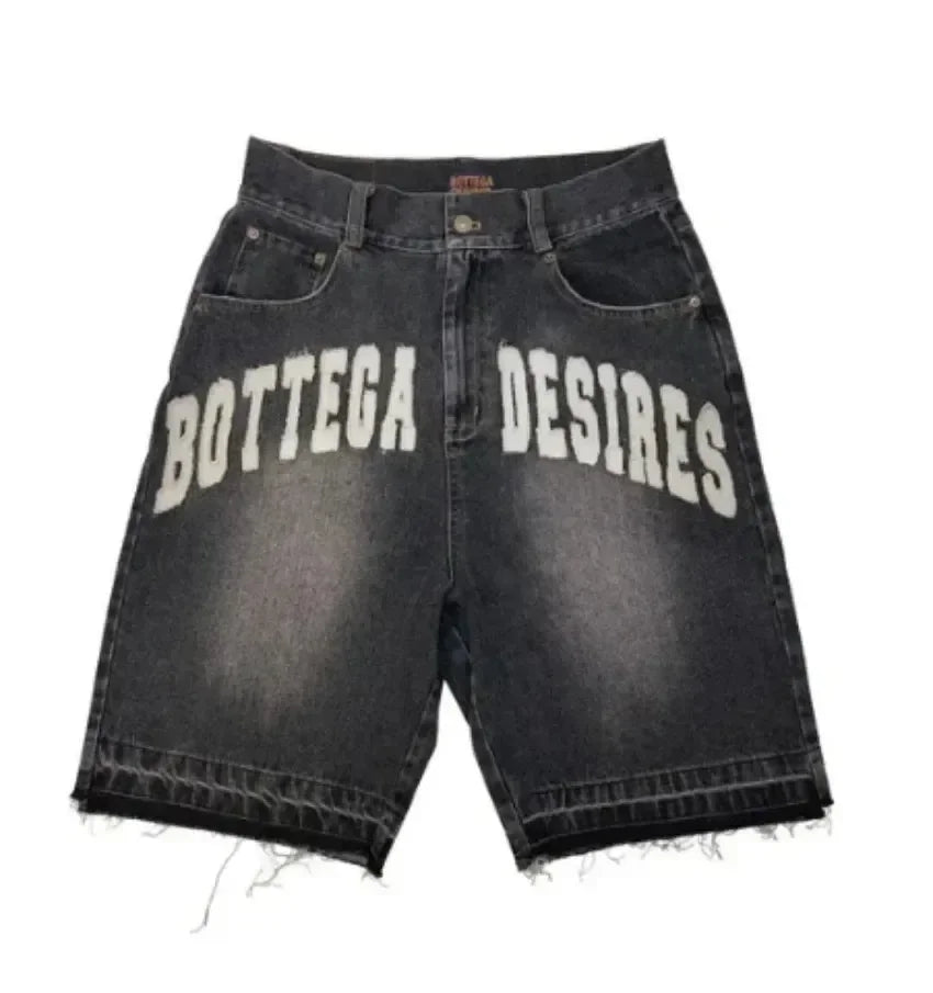 2000s Bottega Desires Pieces Skateboard Denim Shorts Letter Cartoon Patchwork Loose Jeans Wide Leg Pants Harajuku Rock Pants Men