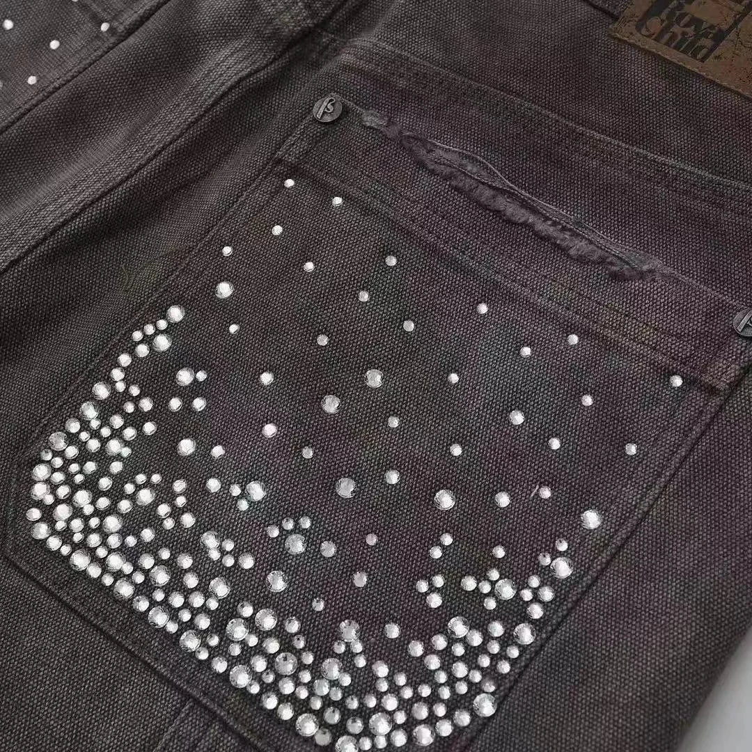 Retro Gothic fashion letter rhinestone oversized jeans men's Y2K clothing loose casual versatile shorts low waist couple style
