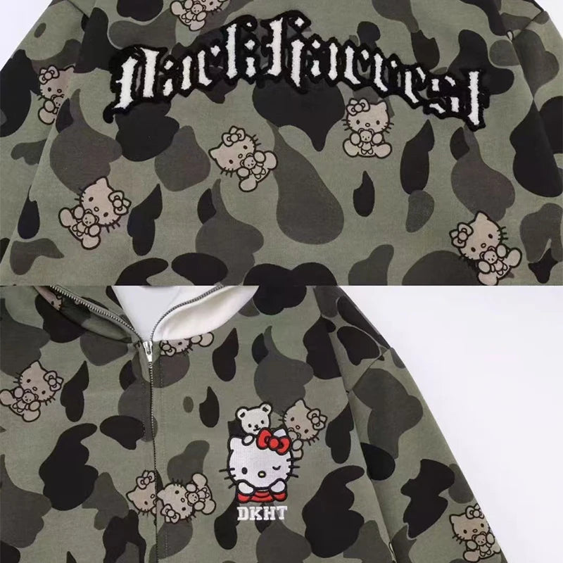 Hello Kitty Long Sleeve Sweate Cartoon Jacket Hoodie Zipper Coat Sanrio Anime Hooded Tops Fashion Trend Camouflage Jacket