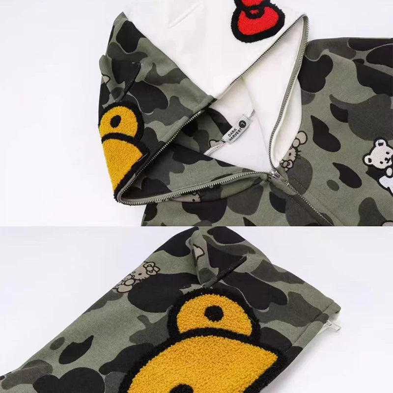 Hello Kitty Long Sleeve Sweate Cartoon Jacket Hoodie Zipper Coat Sanrio Anime Hooded Tops Fashion Trend Camouflage Jacket