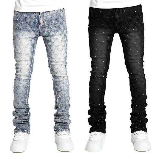 Stretchy Pearls Skinny Jeans For Men 2024 New Fashion Fashion Rhinestone European Street Personality Stacked Denim Pants