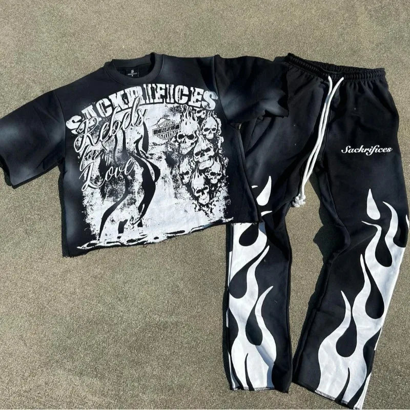 Y2k Women's Short Sleeved T-Shirt And Pants Set With Personalized Cartoon Anime Print Patterns Streetwear Vintage Punk Clothes