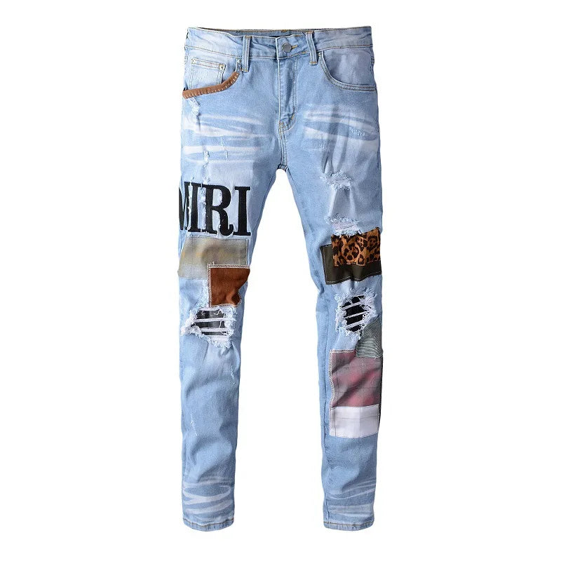 New Fashion Purple Jeans Man with Distressed Hole Patches Fashion Repair Low Rise Skinny Denim Pants 28-40 Size