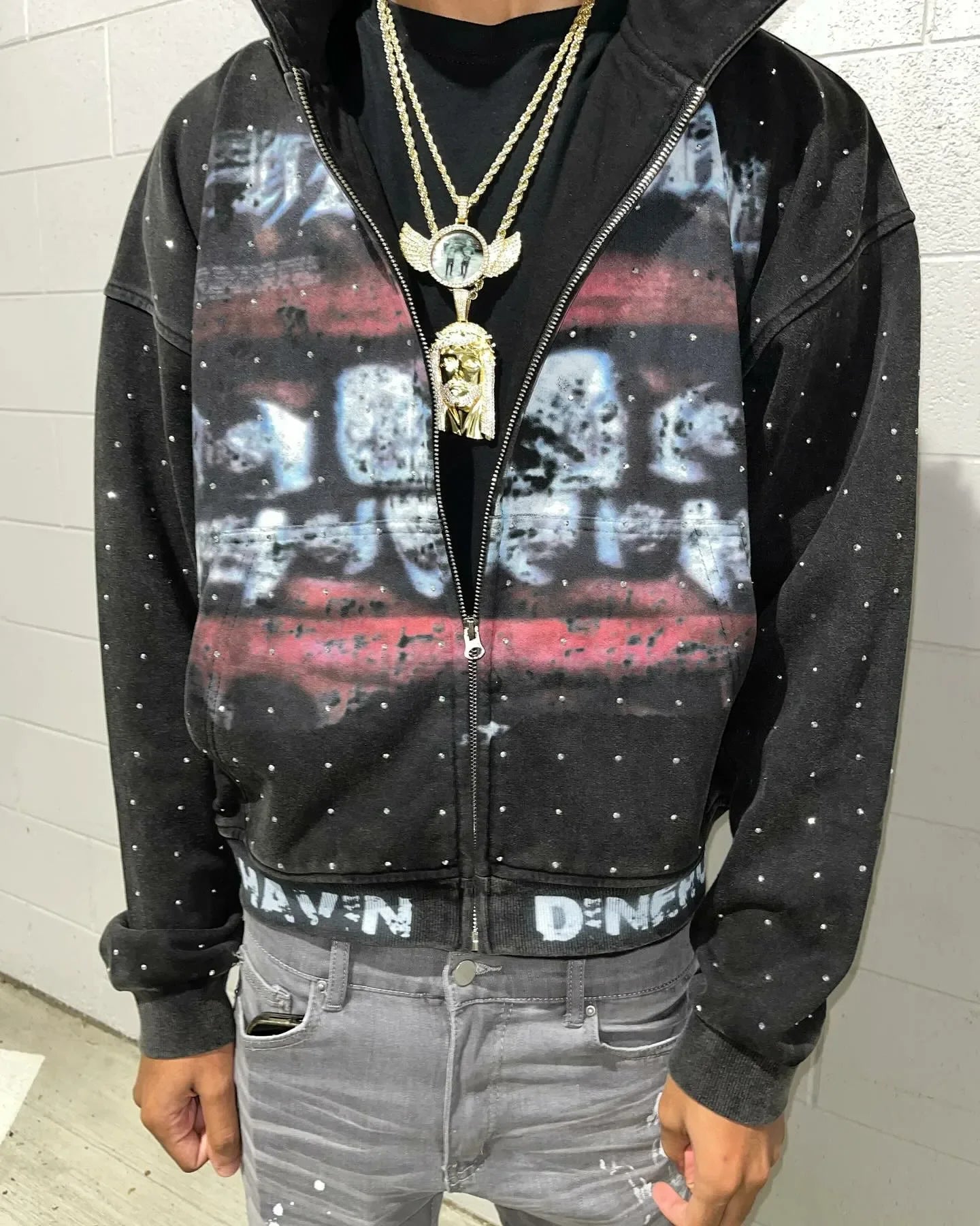 Streetwear Zip Up Hoodie Jacket Men Women Harajuku Hip Hop Lips Graphic Print Black Oversized Sweatshirt Goth Rhinestone Clothes