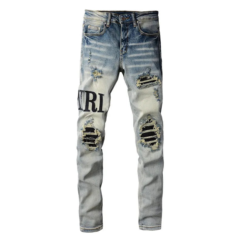 New Fashion Purple Jeans Man with Distressed Hole Patches Fashion Repair Low Rise Skinny Denim Pants 28-40 Size