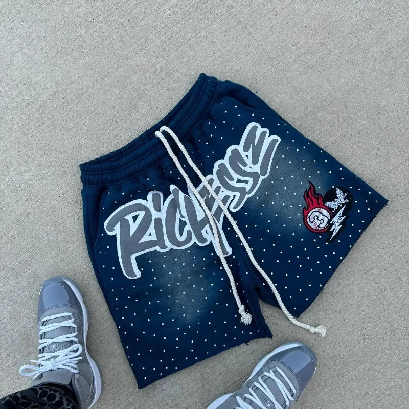 Fashion new rhinestone letter printed cotton sweatpants Y2K Harajuku  shorts hip hop basketball streetwear loose casual shorts