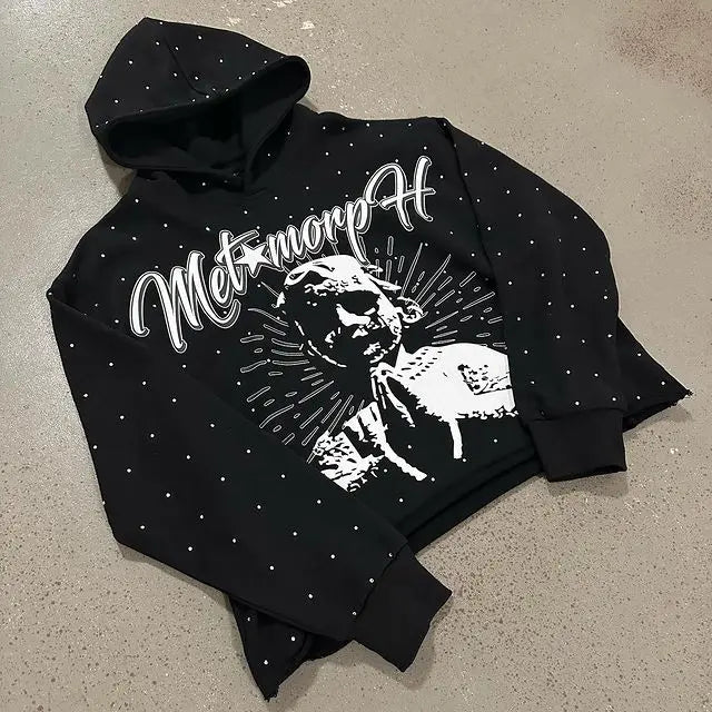 Rhinestone Hoodies Women Gothic Black Pullover Oversized Sweatshirts Female Retro Harajuku Hooded Jacket Y2K Streetwear Men Top