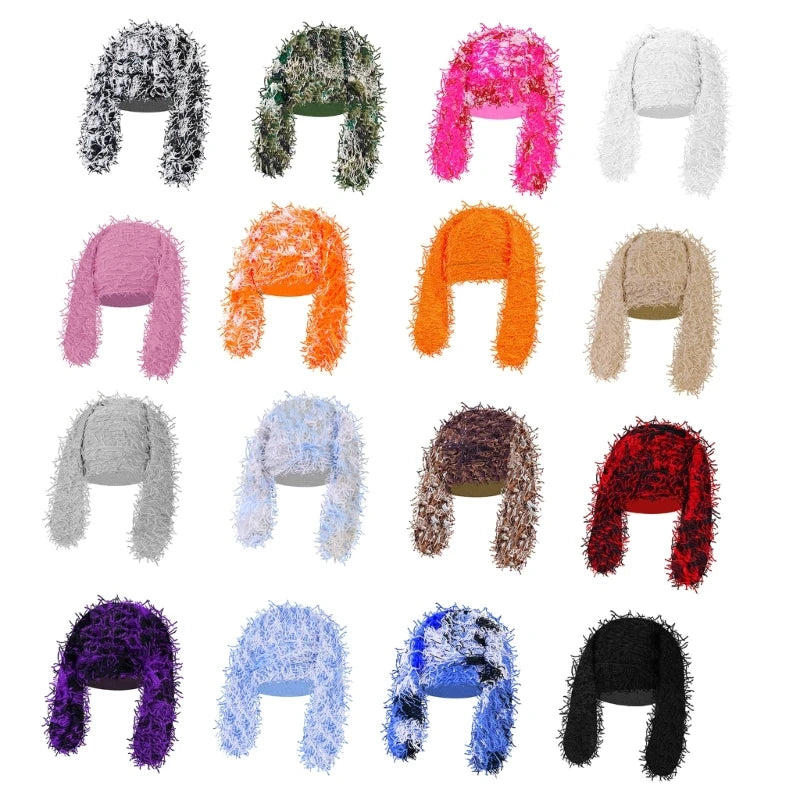 Long Rabbit Ear Beanie Unisex Hip Hop Funny Autumn Winter Fur Furry Grassy Skull Cap Men Distressed Knitted Ski Mask Hat Women