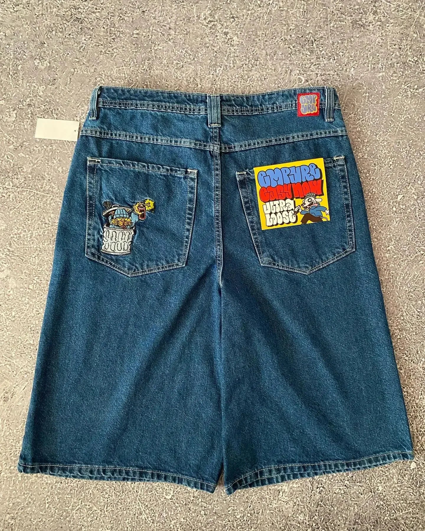 2000s Bottega Desires Pieces Skateboard Denim Shorts Letter Cartoon Patchwork Loose Jeans Wide Leg Pants Harajuku Rock Pants Men