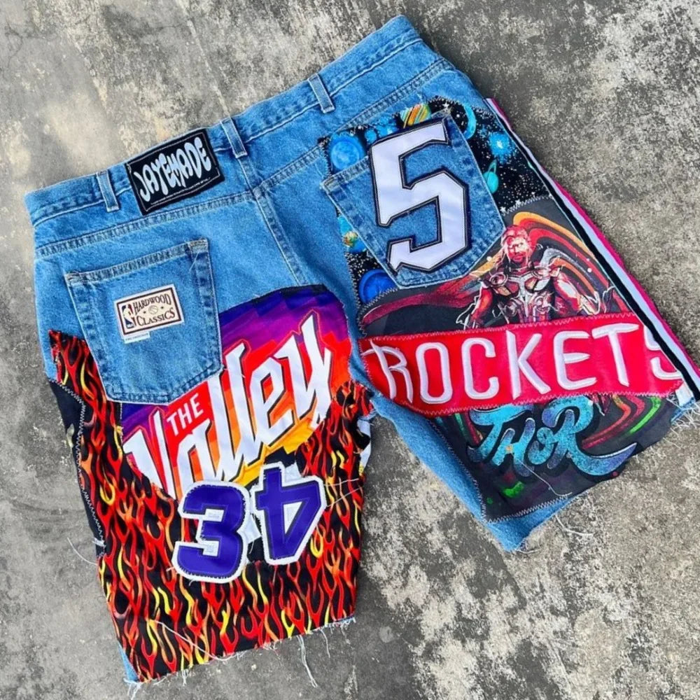 Streetwear Fashion Trend Patch Denim Shorts Mens Womens Clothing Harajuku Gothic Baggy Shorts Retro Casual Straight Short Pants