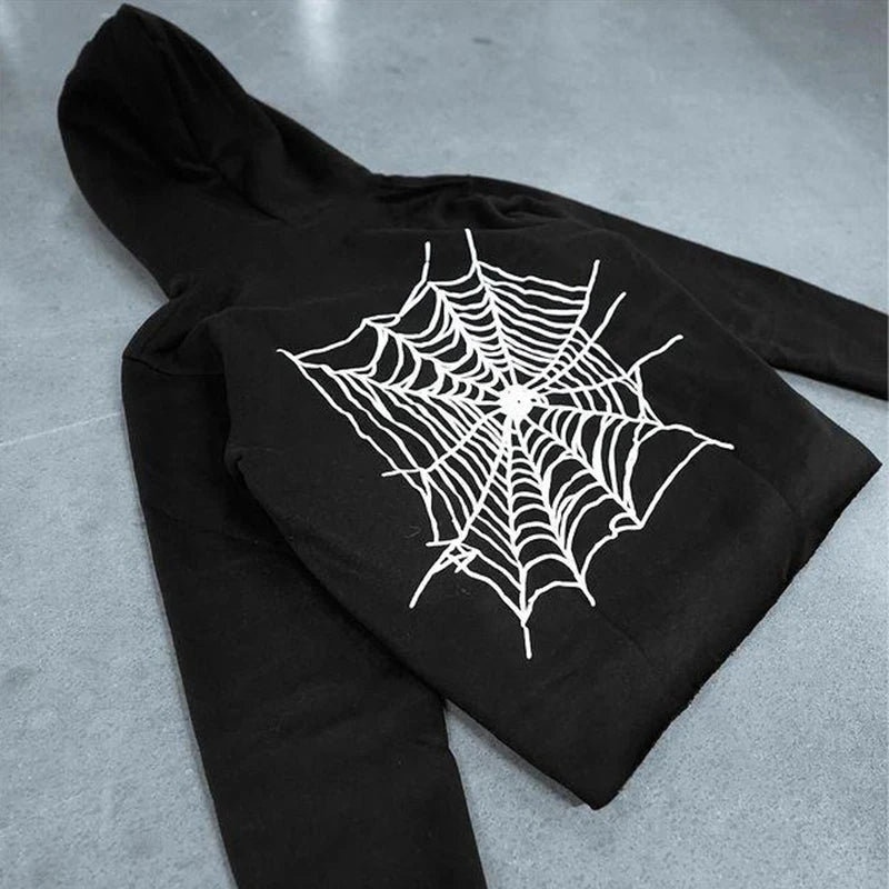 2023 Y2k American Jacket Cobweb Letter Print Trendy Brand Oversized Hoodie Men High Street Fashion Street Zip Sweatshirt Women