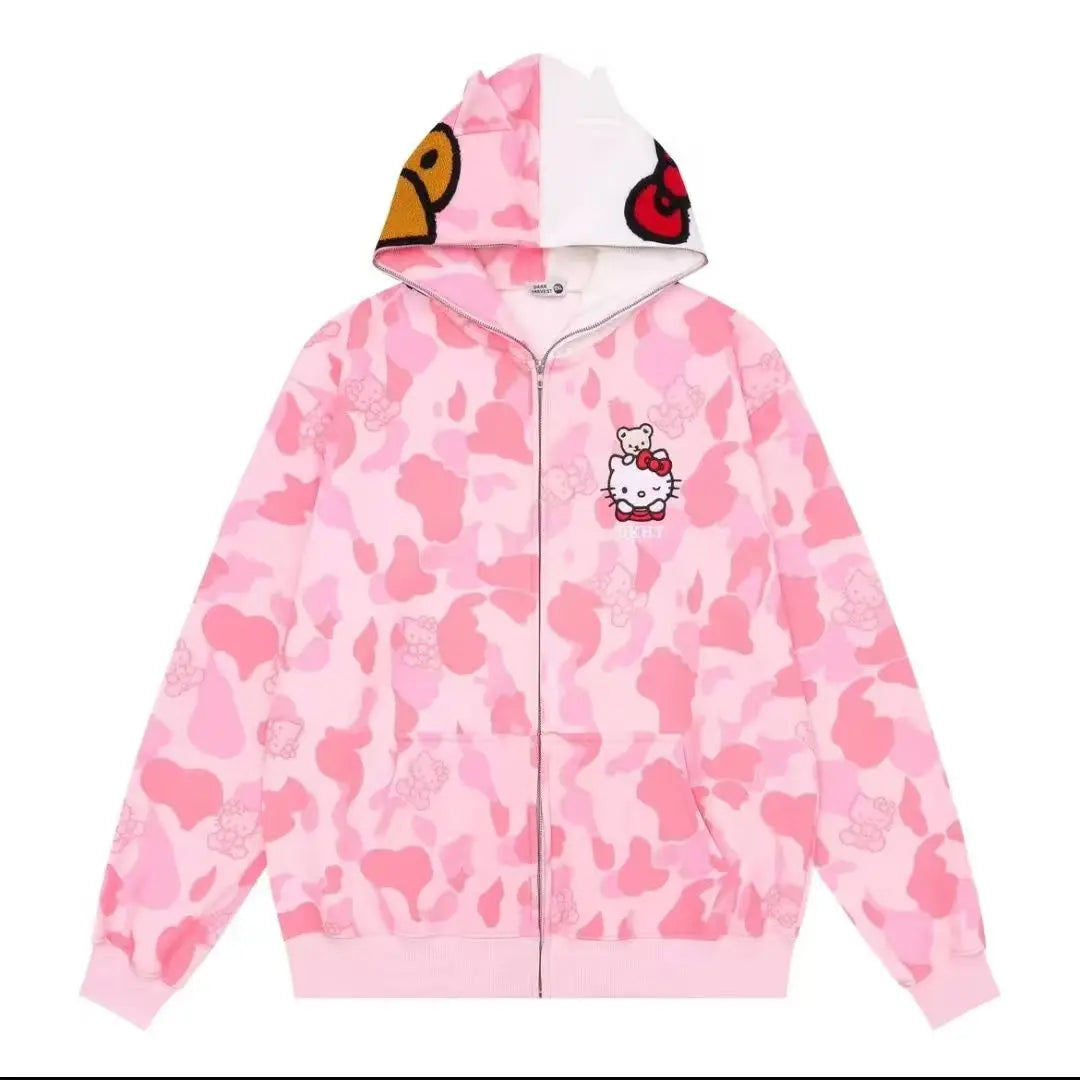 Hello Kitty Long Sleeve Sweate Cartoon Jacket Hoodie Zipper Coat Sanrio Anime Hooded Tops Fashion Trend Camouflage Jacket