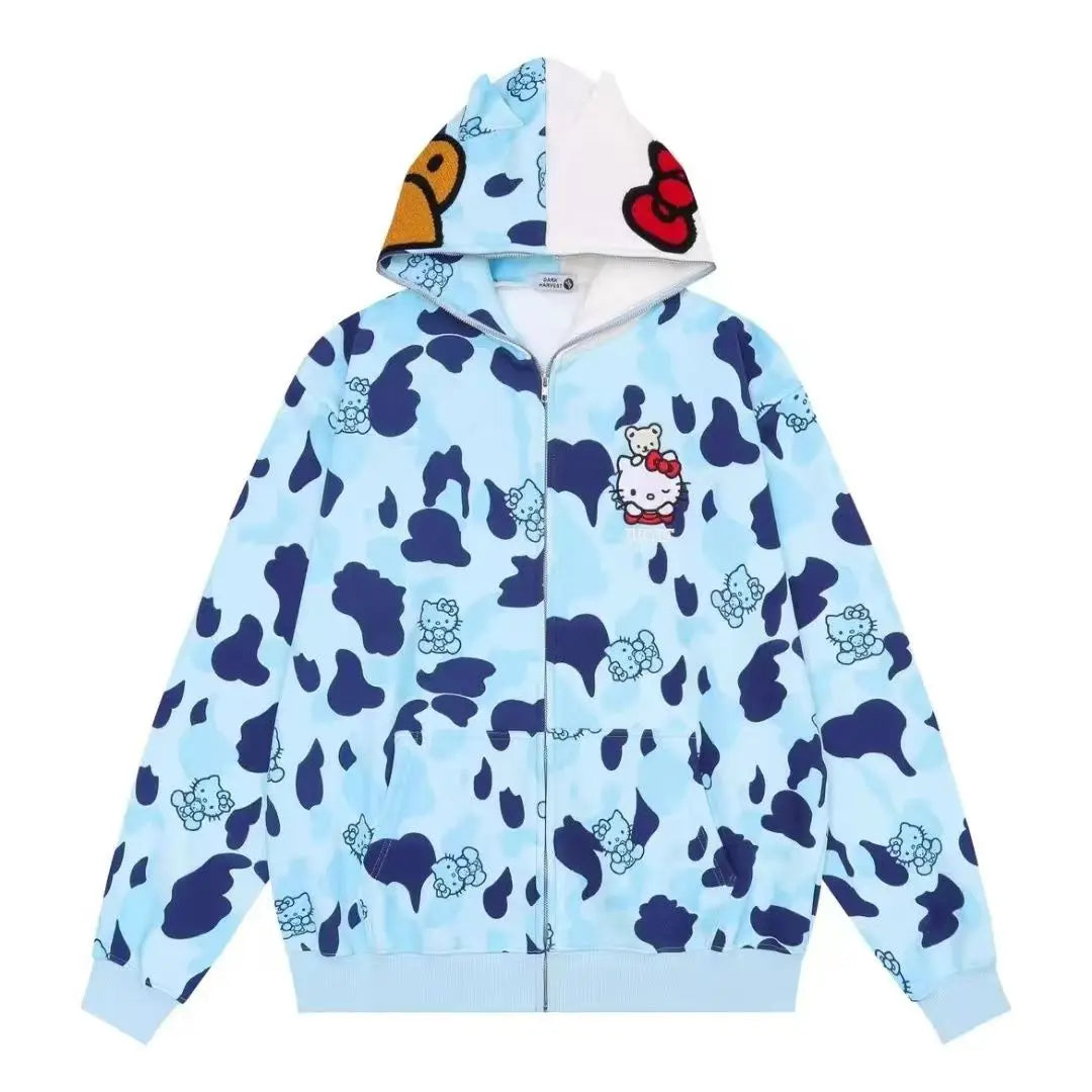 Hello Kitty Long Sleeve Sweate Cartoon Jacket Hoodie Zipper Coat Sanrio Anime Hooded Tops Fashion Trend Camouflage Jacket