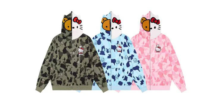 Hello Kitty Long Sleeve Sweate Cartoon Jacket Hoodie Zipper Coat Sanrio Anime Hooded Tops Fashion Trend Camouflage Jacket