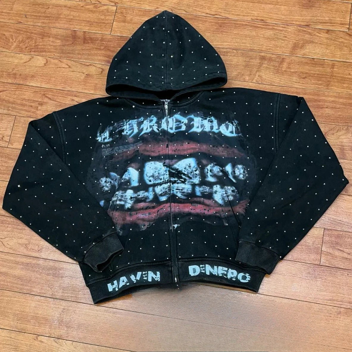 Streetwear Zip Up Hoodie Jacket Men Women Harajuku Hip Hop Lips Graphic Print Black Oversized Sweatshirt Goth Rhinestone Clothes