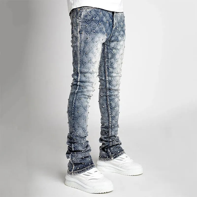 Stretchy Pearls Skinny Jeans For Men 2024 New Fashion Fashion Rhinestone European Street Personality Stacked Denim Pants